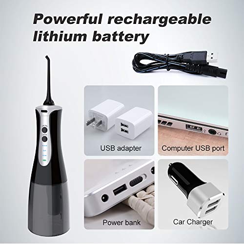 YOUNGDO Irrigador Bucal Portátil Profesional 300ml, Irrigador Dental con 3 Modos de Limpieza, 4 Boquillas Multifuncionales, IPX7 Impermeable USB Recargable para Limpieza Dental