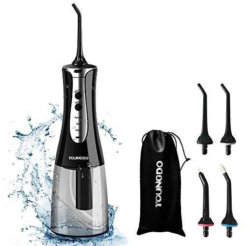 YOUNGDO Irrigador Bucal Portátil Profesional 300ml, Irrigador Dental con 3 Modos de Limpieza, 4 Boquillas Multifuncionales, IPX7 Impermeable USB Recargable para Limpieza Dental