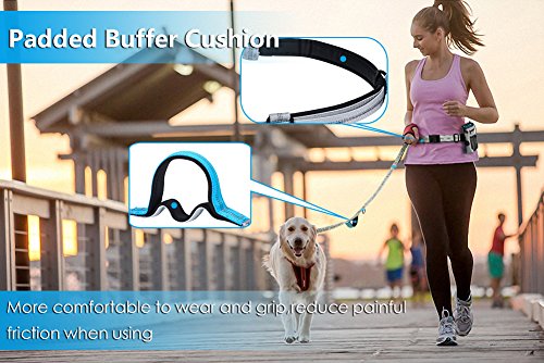 YOUTHINK Correa Manos Libres Perro Set con Cinturón Elástico Bolso de Alimento Comedero Plegable Bolsas para Excrementos de Perro Correa de 140-185CM(Gris y Azul)