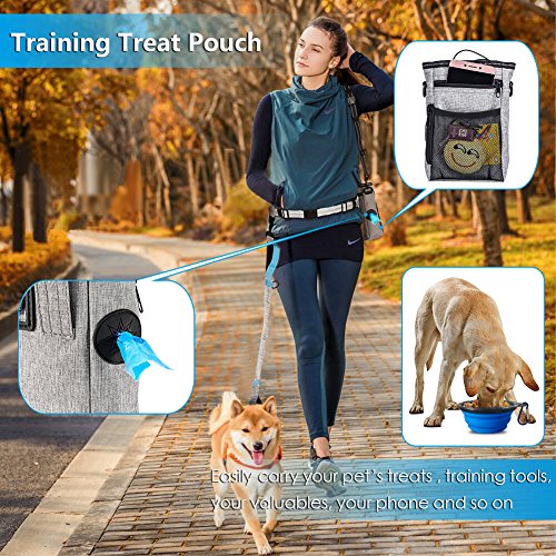 YOUTHINK Correa Manos Libres Perro Set con Cinturón Elástico Bolso de Alimento Comedero Plegable Bolsas para Excrementos de Perro Correa de 140-185CM(Gris y Azul)