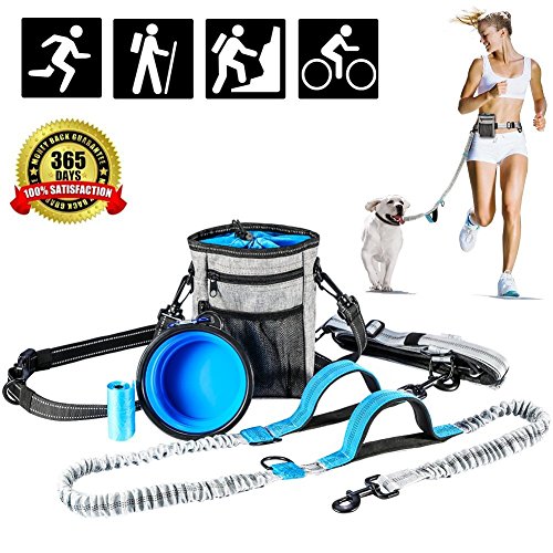 YOUTHINK Correa Manos Libres Perro Set con Cinturón Elástico Bolso de Alimento Comedero Plegable Bolsas para Excrementos de Perro Correa de 140-185CM(Gris y Azul)