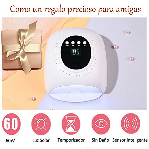 Yoyika Secador de Uñas Profesional, Lámpara LED/UV 60W con 4 Temporizadores(30s, 60s, 90s, 99s) y Sensor Automático para Esmalte de Uñas de Gel, Lámpara de Secado Rápido para Manicura/Pedicura