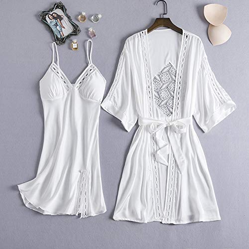 YPDM Conjunto de Bata de Dormir para Mujer, Traje de baño de Kimono, Bata de Boda Blanca, 2 Piezas, camisón de satén Fino, camisón, camisón, Blanco, XL