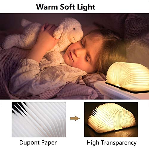 Yuanj Libro Lámpara LED, Luces Plegables de Madera 360°, USB Recargable, Portátil, Luz Lectura/Decorativa, Luz de Nocturna LED magnética, Lámpara de Mesita de Noche (M)