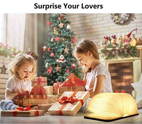 Yuanj Libro Lámpara LED, Luces Plegables de Madera 360°, USB Recargable, Portátil, Luz Lectura/Decorativa, Luz de Nocturna LED magnética, Lámpara de Mesita de Noche (M)