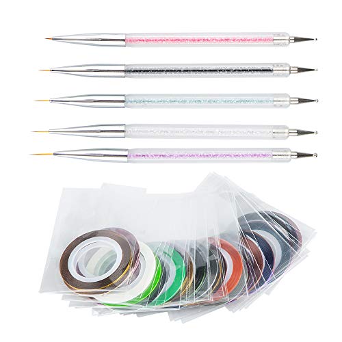YuCool - Juego de 5 pinceles para decoración de uñas, pinceles y bolígrafos de dibujo con 30 rollos de cinta multicolor
