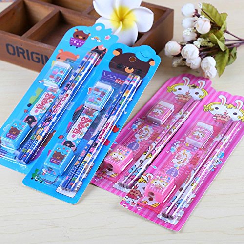 YueChen 30x Lápices Infantiles con Borrador, Lindo Grafito Lápiz,Regalos Fiestas Infantiles,Regalo de cumpleaños,Set Escolar (2xlápices, 1xregla, 1xborrador, 1xsacapuntas)