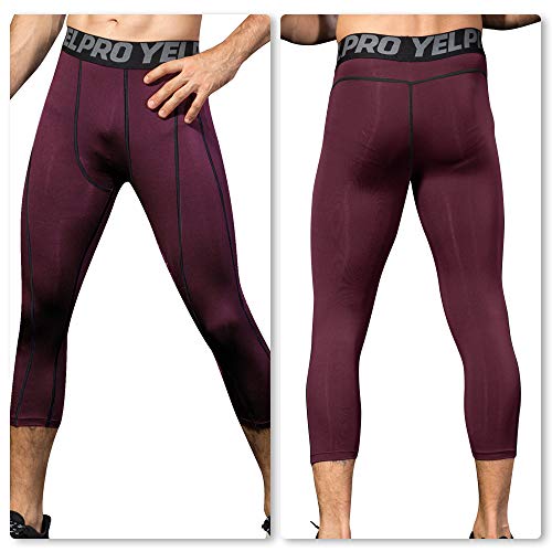Yuerlian Mallas 3/4 para hombre de compresión en seco frío para correr, gimnasio, entrenamiento, pantalones capri, Hombre, Vino tinto, medium