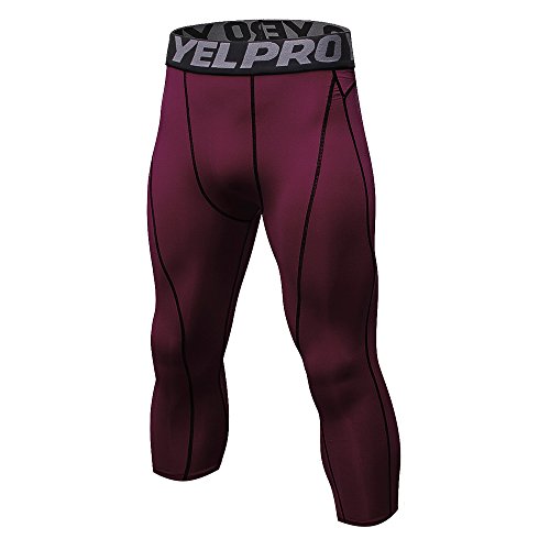 Yuerlian Mallas 3/4 para hombre de compresión en seco frío para correr, gimnasio, entrenamiento, pantalones capri, Hombre, Vino tinto, medium