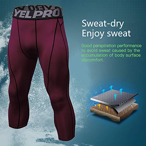 Yuerlian Mallas 3/4 para hombre de compresión en seco frío para correr, gimnasio, entrenamiento, pantalones capri, Hombre, Vino tinto, medium