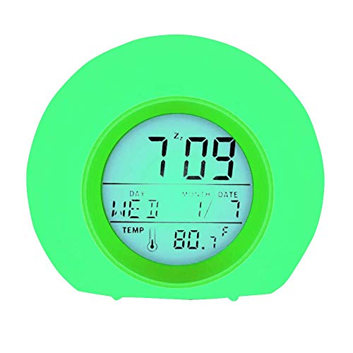 YUES Reloj Despertador Digital para niños con Calendario y termómetro, 7 Colores Cambio de luz con Control táctil Junto a la Cama (Verde)