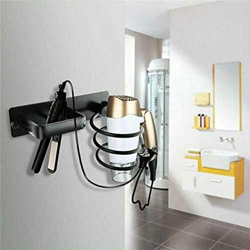 YUET Profesional de aluminio negro montado en la pared soplado espiral secador de pelo titular estante estante estante estante soporte enderezadora organizador almacenamiento con dos agujeros estante