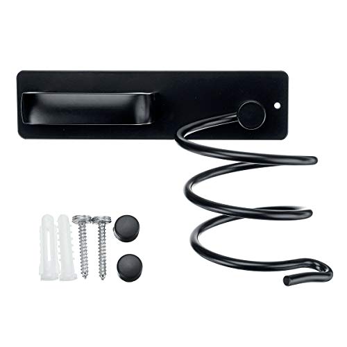 YUET Profesional de aluminio negro montado en la pared soplado espiral secador de pelo titular estante estante estante estante soporte enderezadora organizador almacenamiento con dos agujeros estante