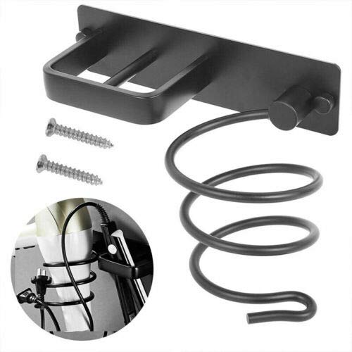 YUET Profesional de aluminio negro montado en la pared soplado espiral secador de pelo titular estante estante estante estante soporte enderezadora organizador almacenamiento con dos agujeros estante