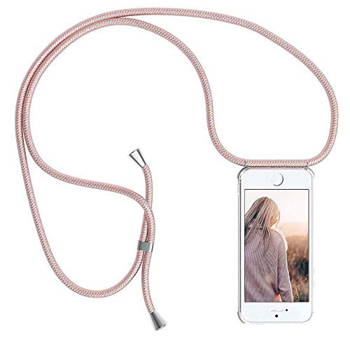 YuhooTech Funda con Cuerda para iPhone 5 / 5S / SE, Carcasa Transparente TPU Suave Silicona Cover Case Cubierta con Colgante Ajustable Collar Correa de Cuello Cadena Cordón, Oro Rosa