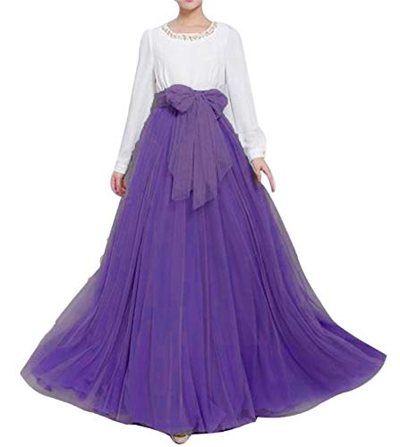 YULUOSHA - Falda de tul larga para mujer, longitud hasta el suelo, con lazo, talle alto, para bodas, fiestas, noche Morado Morado ( 34/48 ES/M