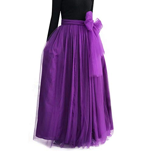 YULUOSHA - Falda de tul larga para mujer, longitud hasta el suelo, con lazo, talle alto, para bodas, fiestas, noche Morado Morado ( 34/48 ES/M