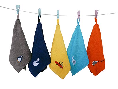YUMU CASA Juego de 5 Toallas de Mano y Cara con Gancho de algodón Suave Absorbente para bebé y niños/Toalla de Cocina/Baberos de bebés/Toalla de Sudor para niños (50 x 25 cm)