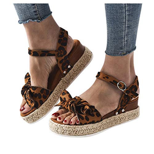 YWLINK Sandalias Planas para Mujer Sandalias De CuñA con Estampado De Leopardo Zapatos De Playa Antideslizantes De Gran TamañO con Lazo Zapatos Casuales(café,39EU)