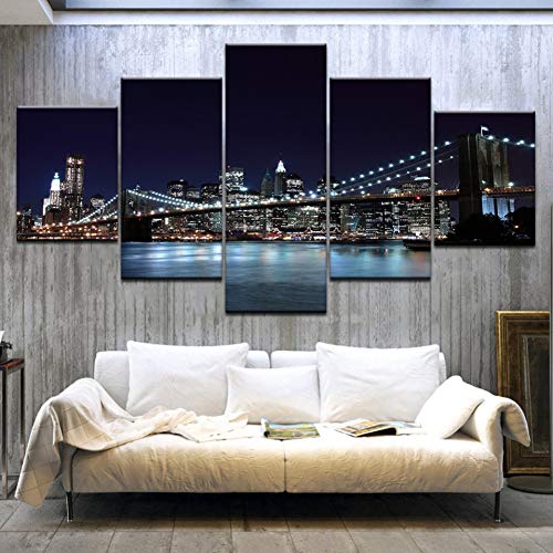 YXWLKG 5 Pinturas consecutivas Cuadros de Lienzo Modernos Arte de Pared decoración del hogar 5 Piezas Puente Frente al mar Ciudad Paisaje Nocturno Pinturas HD Impresiones Carteles (Sin Marco)