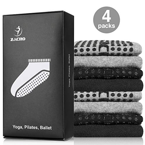 Zacro 4Pcs Calcetines-Yoga Antideslizantes de Mujeres Deportivos para Ejercicio Interior,Cómodo Pilates,Yoga,Fitness,etc (Negro y Gris)