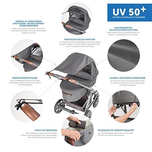 Zamboo Toldo DELUXE / Protección solar universal para cochecitos, capazos y sillas de paseo - Parasol ajustable con protección UV 50+ - Gris