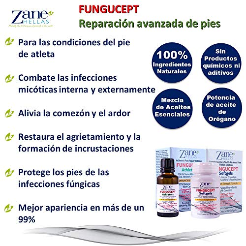 Zane Hellas FunguCept Advance.Solución de Reparación del Atleta.Alivia la picazón,el ardor,las grietas y las escamas.Detener el mal olor. esultados visibles en 5 días. 1 fl. oz - 30 ml y 60 cápsulas.