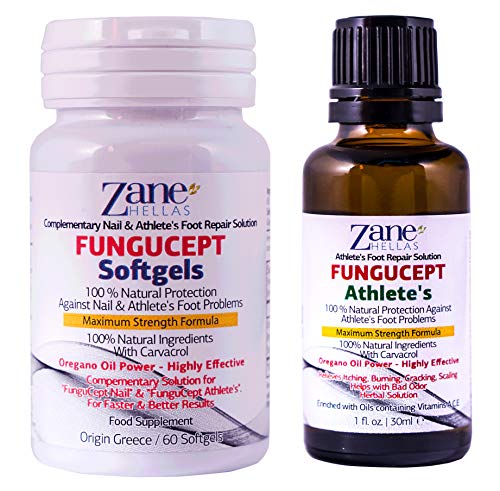 Zane Hellas FunguCept Advance.Solución de Reparación del Atleta.Alivia la picazón,el ardor,las grietas y las escamas.Detener el mal olor. esultados visibles en 5 días. 1 fl. oz - 30 ml y 60 cápsulas.