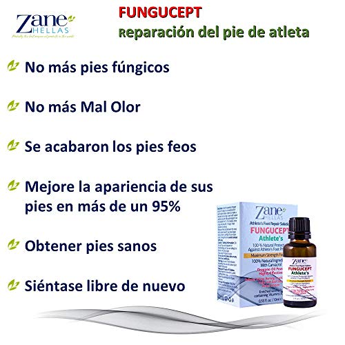 Zane Hellas FunguCept Solución de reparación para atletas. Alivia la picazón, el ardor, las grietas y las escamas. Detener el mal olor. Resultados visibles en 5 días. 1 onza líquida - 30 ml.