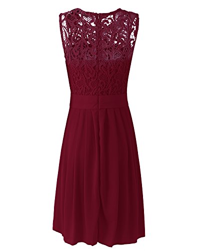 ZANZEA Mujer Vestido Encaje Gasa Verano Sin Manga Elegante Vestidos de Cóctel Fiesta Cuello Redondo 03-Vino Rojo L