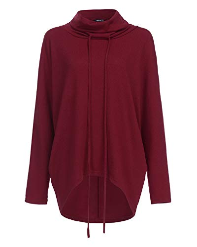 ZANZEA Mujeres Sudaderas Cuello Alto Batwing Manga Larga Irregular Baggy Túnica Blusa Pullover Tops Jersey X-Rojo Vino Cuello Alto L