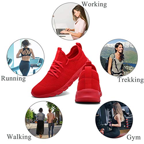 Zapatillas Deportivas Running de Mujer para Correr Asfalto Zapatos Gimnasia Deporte Fitness Casual Transpirables Seguridad con Cordones Atlético Gym Trekking Sneakers Plataform Calzado Rojo 39 EU