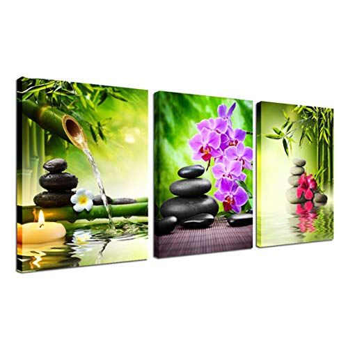 Zen Decor - Lienzo decorativo para pared, 3 paneles de bambú verde, pintura enmarcada para salón, dormitorio, cocina, hogar, oficina, piedras y orquídeas spa póster listo para colgar