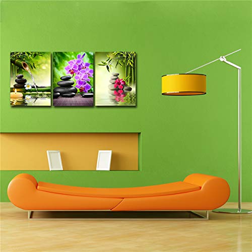 Zen Decor - Lienzo decorativo para pared, 3 paneles de bambú verde, pintura enmarcada para salón, dormitorio, cocina, hogar, oficina, piedras y orquídeas spa póster listo para colgar