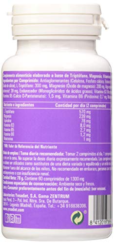 Zentrum Triptófano - Rendimiento Intelectual Psicológico y Superación, Magnesio + Vitaminas B6 + B5 + B3 + Melatonina, 60 comprimidos.