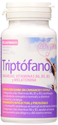 Zentrum Triptófano - Rendimiento Intelectual Psicológico y Superación, Magnesio + Vitaminas B6 + B5 + B3 + Melatonina, 60 comprimidos.