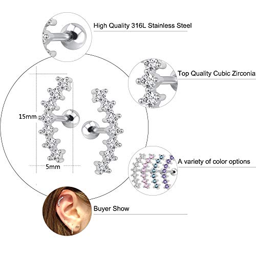 ZeSen Jewelry Curva Siete Stud CZ Stud Pendientes 316L Acero Inoxidable Ear Helix Conch Cartílago Piercing (Blanco)