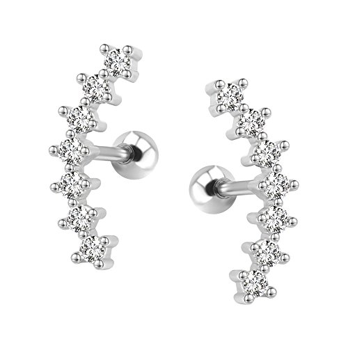 ZeSen Jewelry Curva Siete Stud CZ Stud Pendientes 316L Acero Inoxidable Ear Helix Conch Cartílago Piercing (Blanco)