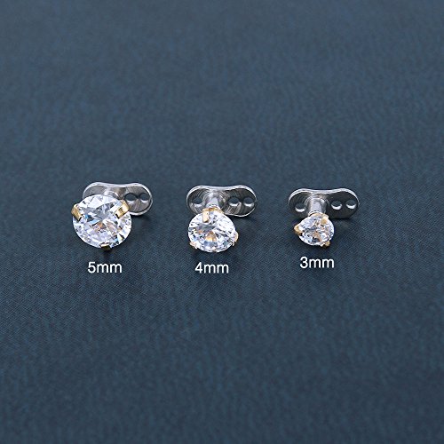 ZeSen Jewelry De Acero quirúrgico Brillante rRound Cubic Zirconia Parte Superior dérmica Ancla y Microdermals Base Perforación 14g 4 Piezas Óxido de circonio cúbico: 4mm