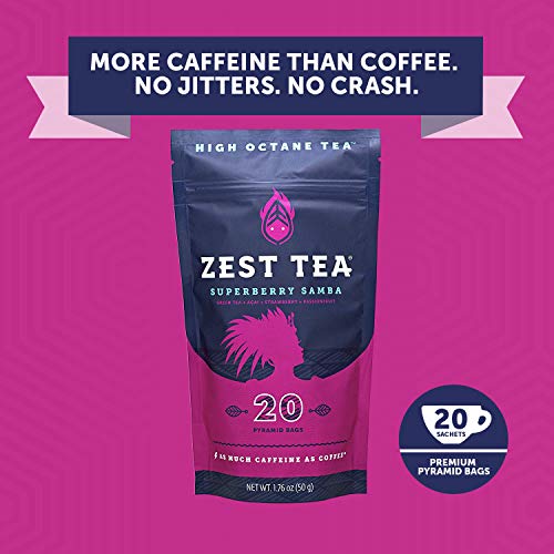 Zest Tea Té Energético Premium, Alternativa Tradicional Natural y Saludable Alta en Cafeína al Café Negro, 135 mg de Cafeína por Porción, Té Verde Sabor Samba de Superbayas, Bolsa con 20 Bolsitas
