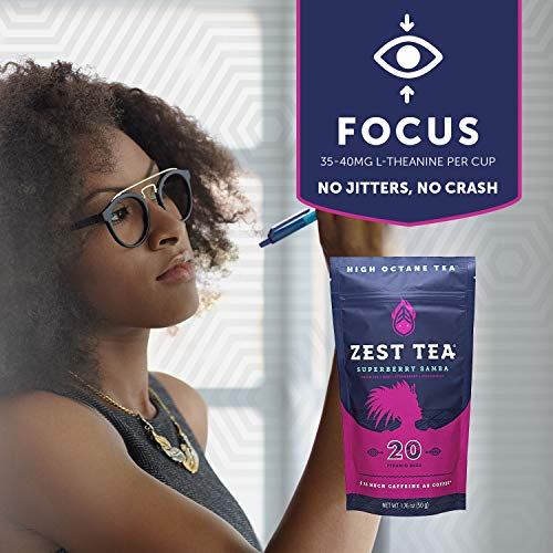 Zest Tea Té Energético Premium, Alternativa Tradicional Natural y Saludable Alta en Cafeína al Café Negro, 135 mg de Cafeína por Porción, Té Verde Sabor Samba de Superbayas, Bolsa con 20 Bolsitas