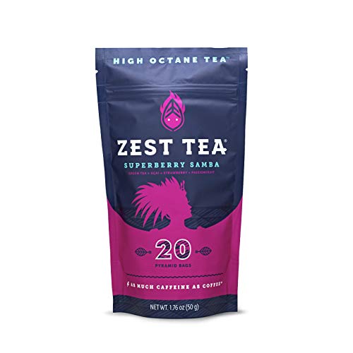 Zest Tea Té Energético Premium, Alternativa Tradicional Natural y Saludable Alta en Cafeína al Café Negro, 135 mg de Cafeína por Porción, Té Verde Sabor Samba de Superbayas, Bolsa con 20 Bolsitas