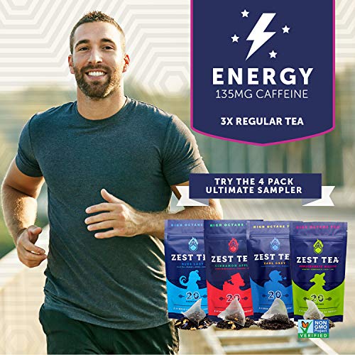 Zest Tea Té Energético Premium, Alternativa Tradicional Natural y Saludable Alta en Cafeína al Café Negro, 135 mg de Cafeína por Porción, Té Verde Sabor Samba de Superbayas, Bolsa con 20 Bolsitas