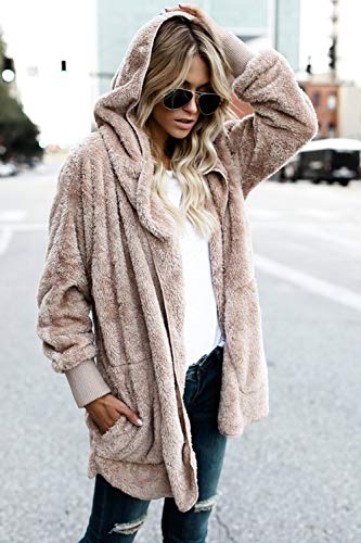 Zilcremo Mujer Lana Chaqueta Cárdigan con Capucha Frente Abierto Abrigo Fleece de Piel Sintética Invierno Albaricoque XL