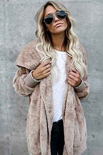 Zilcremo Mujer Lana Chaqueta Cárdigan con Capucha Frente Abierto Abrigo Fleece de Piel Sintética Invierno Albaricoque XL