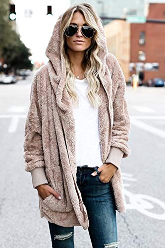 Zilcremo Mujer Lana Chaqueta Cárdigan con Capucha Frente Abierto Abrigo Fleece de Piel Sintética Invierno Albaricoque XL