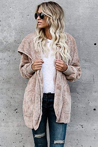 Zilcremo Mujer Lana Chaqueta Cárdigan con Capucha Frente Abierto Abrigo Fleece de Piel Sintética Invierno Albaricoque XL
