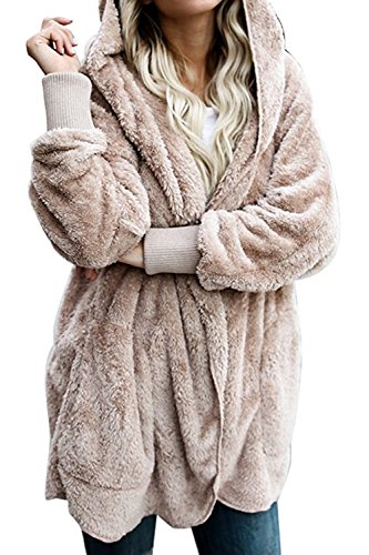 Zilcremo Mujer Lana Chaqueta Cárdigan con Capucha Frente Abierto Abrigo Fleece de Piel Sintética Invierno Albaricoque XL