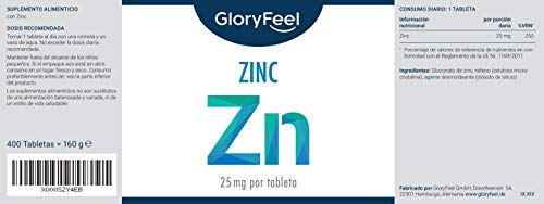 Zinc 25mg 400 Tabletas - Alta dosificación y vegano - 25 mg de Zinc elemental procedente de gluconato de zinc puro para 1 año - Probado en laboratorio sin aditivos