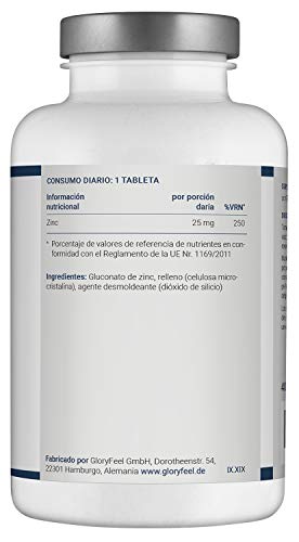 Zinc 25mg 400 Tabletas - Alta dosificación y vegano - 25 mg de Zinc elemental procedente de gluconato de zinc puro para 1 año - Probado en laboratorio sin aditivos